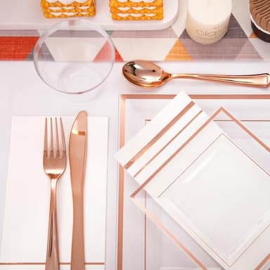 Festiva 350Pcs Rose Gold Plastic Plates - Clear Rose Gold Disposable Dinnerware Sets for 50Guests include 100 Plates 50 Cups 50Plastic Cutlery 50Napkins Perfect for Party&Wedding&Mother's Day - Image 5