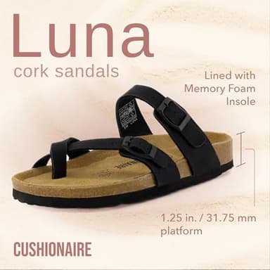 CUSHIONAIRE Luna Crossover Toe Strap Womens Sandals – Cork Footbed Slides with Adjustable Straps, Summer Sandals for Women 2025, BLACK 9 - Image 2