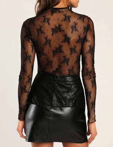 AKEWEI Women's Mesh See Through Crew Neck Long Sleeve Tops Sexy Party Clubwear Tee Basic Fitted Lace T-Shirt(Black,L) - Image 2