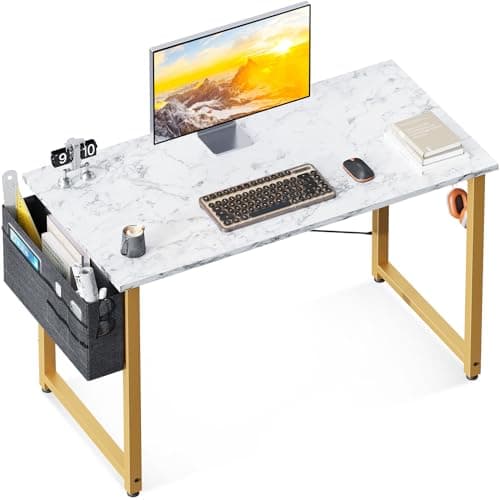 ODK Computer Desk, 40 Inch Small Study Desk, Office Desk with Storage, Work Table with Headphone Hook for Small Space Home Office, White Marble + Gold Leg - Image 1