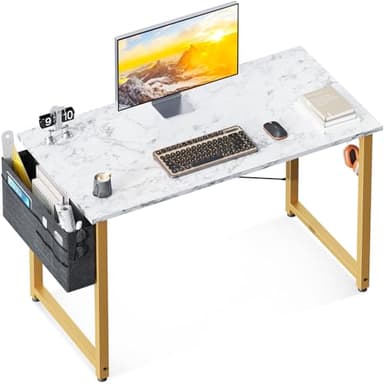 ODK Computer Desk, 40 Inch Small Study Desk, Office Desk with Storage, Work Table with Headphone Hook for Small Space Home Office, White Marble + Gold Leg - Image 1