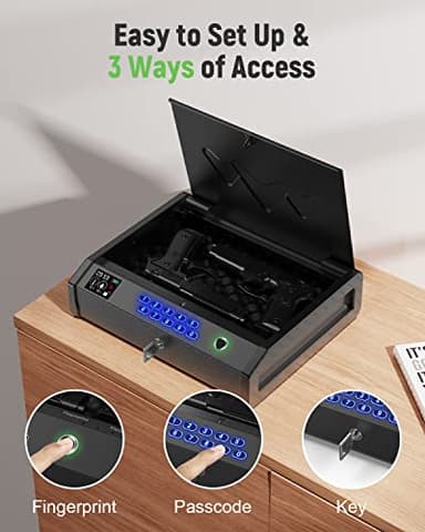 HOLEWOR Gun Safe, Biometric Safes for Pistols with LCD Display of Time Battery, Fingerprint Quick Access Handgun Safe Pistol Bedside, Nightstand, Car, 2 Capacity - Image 3