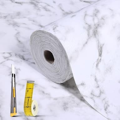 Drawer and Shelf Liner for Kitchen Cabinet: 23.6 in X 20 Ft Non Slip Waterproof Shelf Paper Non Adhesive Refrigerator Liners White Marble Easy Liners for Bathroom with Knife Tape Measure - Image 1