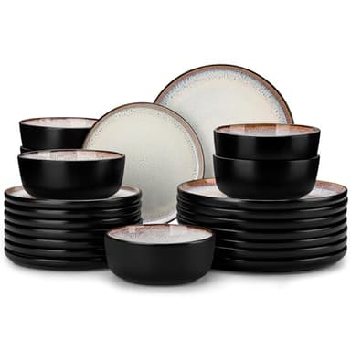 vancasso Plates and Bowls Sets, 24 Pieces Stoneware Dinnerware Sets for 8, Kitchen Dish Set Mircowave and Dishwasher Safe Dinner Set Ceramic Dishware, Light Cream, Series AMBER - Image 1