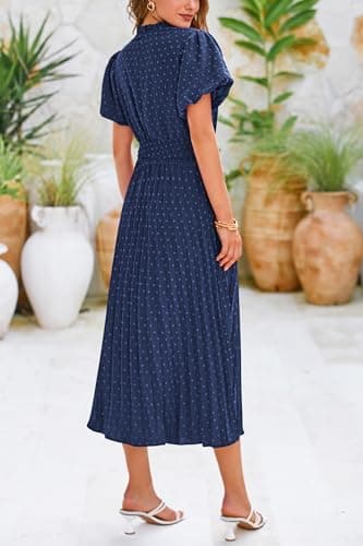 PRETTYGARDEN Summer Long Dresses for Women Puff Short Sleeve V Neck Swiss Dot Pleated A Line Casual Flowy Party Midi Dress (Navy,Large) - Image 6