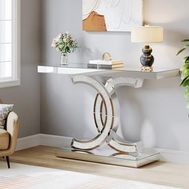 Tribesigns Mirrored Console Table, 39" Modern Silver Entryway Table with Sparkling Crystal Inlays, Glass Sofa Table with Mirror Finish for Entrance, Hallway, Living Room - Image 4