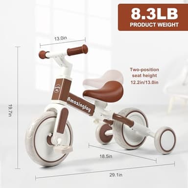 4 in 1 Toddler Tricycle for 2-5 Year Olds Kids Trike 3 Year Old Tricycle Toddlers Boys Girls Gift Trike Toddler Tricycle 1-3 Kids Trikes 3-5 Removable Pedal Adjustable Seat Brown - Image 2