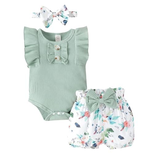 LUNFEGO Newborn Baby Girl Clothes Outfits Ruffle Romper and Short Pants with Headband Infant Bodysuits for Baby Girls 3-6 Months - Green - Image 1