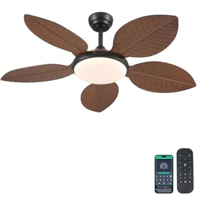 Wiviniya Ceiling Fans with Lights and Remote/APP Control, 48 Inch Tropical Ceiling Fan for Bedroom Living Room, Outdoor Palm Leaf Ceiling Fan for Patios Porch, Dimmable, 6 Speeds, Reversible, Brown - Image 1