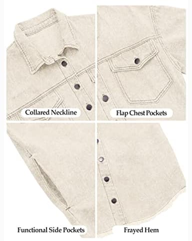 Vetinee Women's Oversized Boyfriend Cannoli Cream Front Button Up Frayed Raw Hem Long Sleeve Pockets Denim Jean Jacket Shacket Large Size 12 Size 14 - Image 7