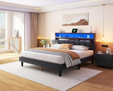 YITAHOME King Size Bed Frame, LED Bed Frame with Storage Upholstered Headboard, Platform Bed with Outlet & USB Ports, No Box Spring Needed, Easy Assembly, Black - Image 3