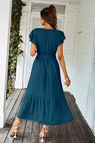 PRETTYGARDEN Women's Summer Floral Boho Dress Wrap V Neck Short Sleeve Ruffle A-Line Flowy Maxi Wedding Guest Dresses (Solid Lake Blue,XX-Large) - Image 3