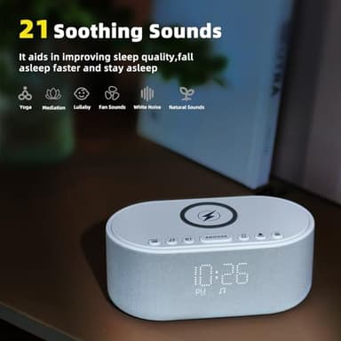 Sound Machine Alarm Clock Wireless Charger: Bluetooth 10W Stereo Sound Speaker Bedroom - White Noise Machine for Sleeping with 21 Soothing Sounds - Image 5