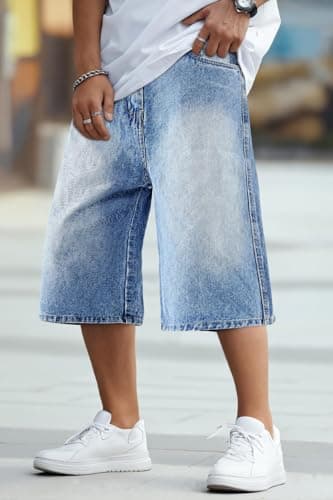 GINGTTO Mens Baggy Jorts Y2k Long Jean Shorts for Men 90s Wide Leg Denim Shorts Men Loose Light Blue 40 - Image 2