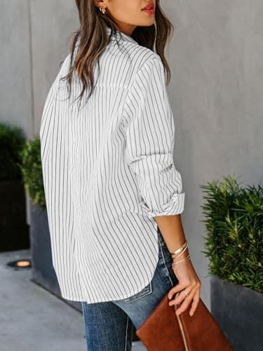 siliteelon Womens Button Down Shirts Cotton Striped Dress Shirt Long Sleeve Collared Office Work Blouses Tops - Black and White S - Image 2