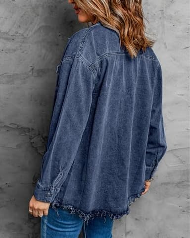 Vetinee Jean Jacket Women Oversized Boyfriend Bay Blue Front Button Up Frayed Raw Hem Long Sleeve Pockets Denim Jean Jacket Shacket X-Large Size 16 Size 18 - Image 2