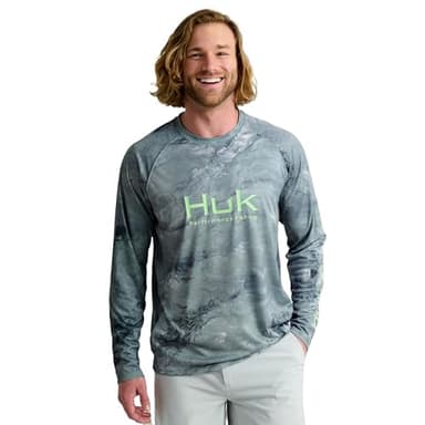 HUK Men's Standard Pursuit Pattern Crew Sleeve, Performance Shirt, Mossy Oak-Calmwater Silver Sky, Small - Image 1