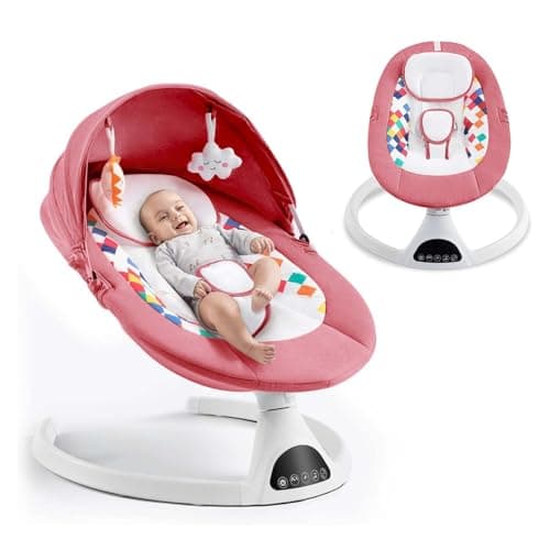 Soobaby Baby Swing for Infants,Electric Bouncer for Babies,Portable Swing for Baby Boy Girl,Remote Control Indoor Baby Rocker with 5 Sway Speeds,Music and Bluetooth,Pink - Image 1