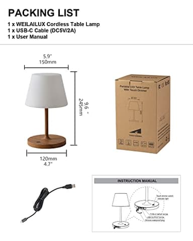 WEILAILUX Outdoor Battery Operated Table Lamp Waterproof, 4000mAh Cordless Rechargeable, Touch Dimmable Desk Lamp, LED Night Light for Patio Camping Restaurant Home, H9.6in, Wood Grain - Image 8