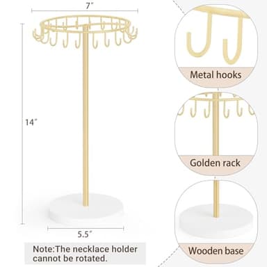 Mkono Necklace Holder Metal Jewelry Display Stand Necklace Organizer with 22 Hooks for Storage and Hanging Bracelet Keychain Home Room Deocr for Women,Gold - Image 6