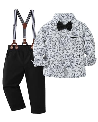 ZOEREA Toddler Baby Boy Suit Clothes Gentleman Wedding Outfits Long Sleeve Dress Shirt + Suspender Pants + Bowtie Black 12-18 Months - Image 1
