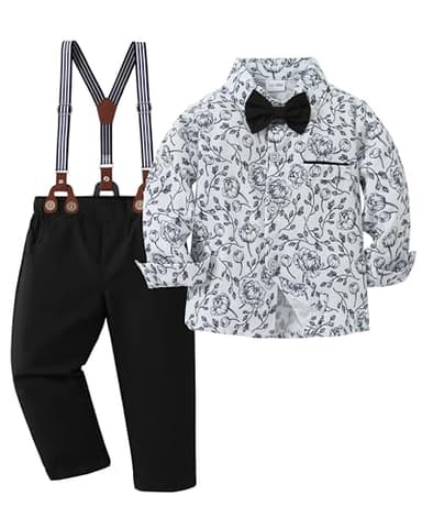 ZOEREA Toddler Baby Boy Suit Clothes Gentleman Wedding Outfits Long Sleeve Dress Shirt + Suspender Pants + Bowtie Black 12-18 Months - Image 1