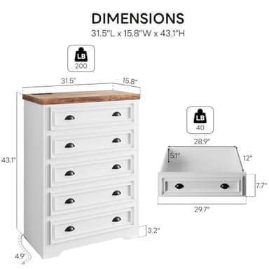 LIKIMIO 43" Tall 5 Drawers Dresser for Bedroom, Power Strip, Farmhouse Large Wood Dressers & Chest of Drawers with Wide Storage Cabinet, White - Image 2