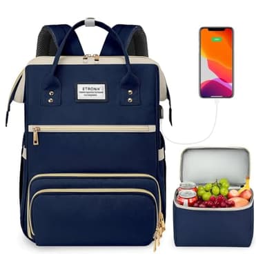 ETRONIK Lunch Backpack for Women, 15.6 Inch Laptop Backpack with USB Port, Stylish Nurse Backpack Teacher Work Bag with Insulated Cooler Lunch Box for Women Men/Travel, Blue - Image 1