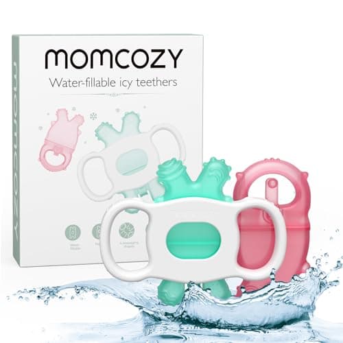 Momcozy Baby Teether Toys, Water Fillable Silicone Cold Baby Teething Toys Chill Teether, Baby Water Teether for Teething Relief 0-12 Months, Green and Pink 2 Pcs - Image 1