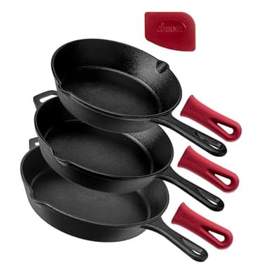 Cuisinel Cast Iron Skillet Set - 8" + 10" + 12"-Inch Pre-Seasoned Frying Pans + Silicone Handle Grip Covers - Use Indoor/Outdoor, Oven, Grill, Stove, BBQ, Fire, Induction - Kitchen/Camping Cookware - Image 1
