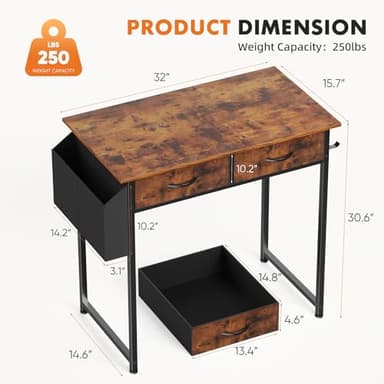 Sweetcrispy Computer Desk Small 32 Inch Home Office Bedroom Writing Study PC Table with Fabric Storage Drawers Space Side Bag Headphone Hook Adjustable Feet Modern Simple Style, Rustic Brown - Image 3