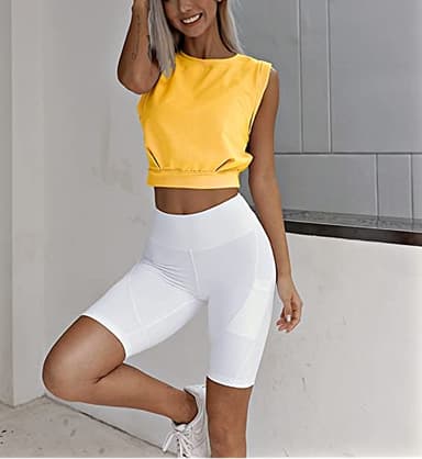 ARRIVE GUIDE Workout Crop Tops for Women Cute Loose Fit Tank Top Casual Summer Yoga Athletic Sports Tanks Cinched Waist Cropped Cap Sleeve Gym Cotton T Shirts XS Yellow - Image 4