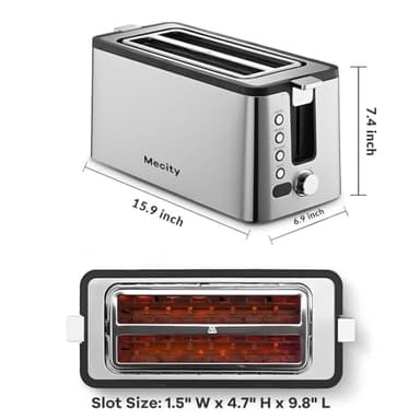 Mecity 4 Slice Toaster, Long Slot Toaster With Countdown Timer, Bagel/Defrost/Reheat/Cancel Functions,Warming Rack, Removable Tray, 6 Browning Settings, Extra Wide Slots, Stainless Steel, 1300W - Image 7