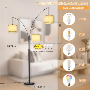 DLLT Modern Floor Lamp for Room: 3-Light Black Tree Dimmable Floor Lamps with Beige Shades for Living Room - Arc Standing Lamp for Bedroom - Tall Floor Lamp for Office Corner 3 LED Bulbs Included - Image 6