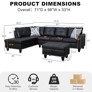 Wakefit Sectional Sofa Couch, Modern 4-Seaters Living Room Furniture Sets with Chaise Lounge, Ottoman & 2 Pillows | L Shape Couch | Cup Holder | Faux PU Leather, Black - Image 2