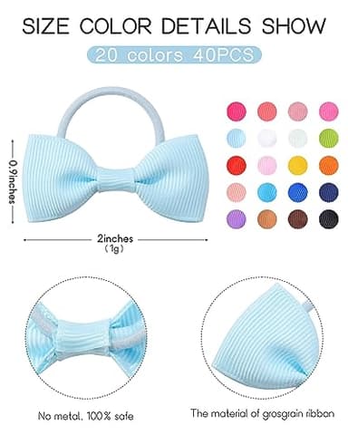 40PCS 2 Inches Baby Girls Hair Bows Ties Mini Boutique Elastic Hair Rubber Ribbon Hair Band Accessories for Kids Toddlers Infants (40 PCS), Multi-colored - Image 2