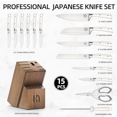 KnifeSaga Knife Set, Premium 15 Piece Japanese High Carbon Stainless Steel Knives Set for Kitchen with Block and Sharpener, Razor Sharp Kitchen Knife Block Sets with Ergonomic Full-tang Handle, White - Image 5