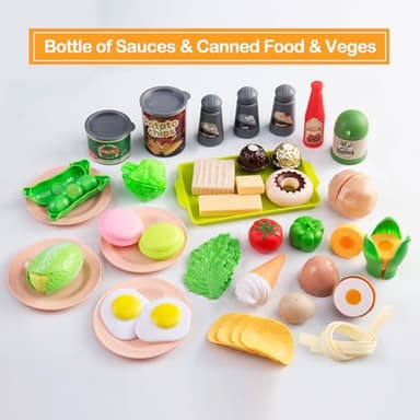 150Pcs Kitchen Playset, Toddlers Pretend Cooking Cookware Accessories, Food, Picnic Blanket, Fruits, Veges, 2Pack Shopping Storage Basket, Dessert and Prop Money, Gift for Kids (Pink) - Image 5