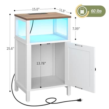 Yoobure Farmhouse Nightstand with Charging Station, Wood Night Stand End with USB Ports, LED Bed Side Table with Storage Cabinet, Bedside Table for Bedroom, Living Room White - Image 3