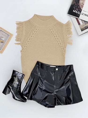 Saodimallsu Womens Sleeveless Sweater Vest Mock Neck Cable Knit Fringe Cap Sleeve Boho Trendy Pullover Tank Tops Khaki - Image 4
