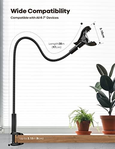 Lamicall Gooseneck Phone Holder Bed - [Nylon Braided] Flexible Arm, 38inch Overall Length, 360 Adjustable Clamp Clip, Overhead Cell Phone Mount Stand for Bed, Desk, 4-7” Cellphone - Image 5