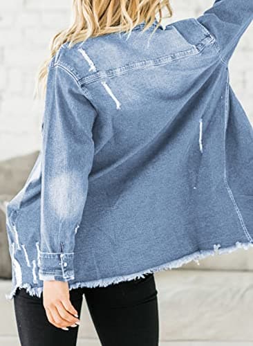 Dokotoo Womens Shacket Frayed Washed Button Down Distressed Fall Denim Shirts Oversize Casual Fashion Winter Long Sleeve Boyfriend Jean Coat Jeans Trucker Jacket With Pockets Sky Blue L - Image 3