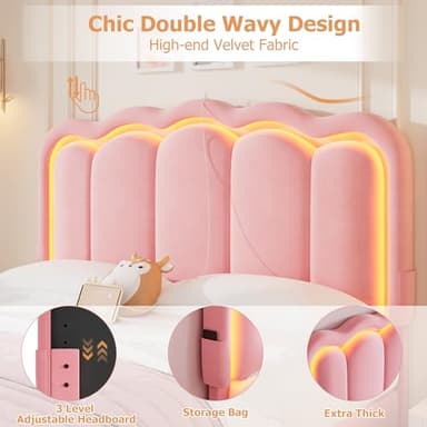 Queen Upholstered LED Bed Frame with 2 Storage Drawers and Adjustable Chic Double Wavy Headboard, Velvet Princess Platform Bed with Charing Station, Solid Wood Slats Support,No Box Spring Needed, Pink - Image 6