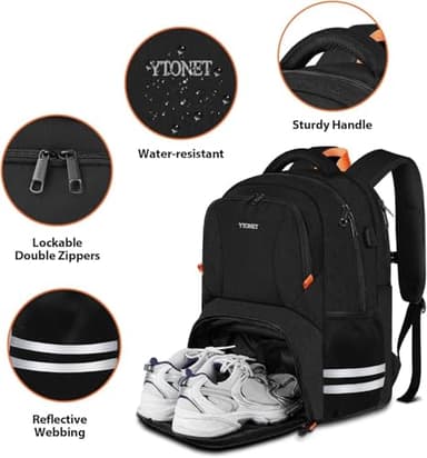 Ytonet Gym Backpack For Men Women, Travel Sports Backpack With Shoe Compartment USB Charging Port, Large Workout Water Resistant College Bag Fit 17.3 Inch Laptop, Hiking, Black - Image 5