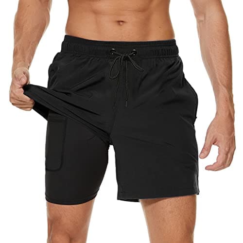 Arcweg Mens Swim Trunks with Compression Liner 2 in 1 Beach Swimming Trunks Quick Dry Swim Shorts with Zipper Pockets Black - Image 1