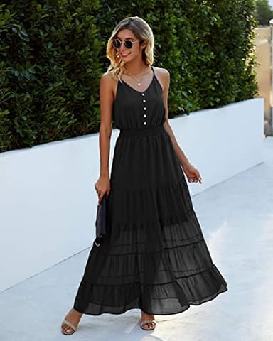 PRETTYGARDEN Women's Casual Summer Dress Spaghetti Strap Sleeveless High Waist Beach Long Maxi Sun Dresses (Black,Small) - Image 2