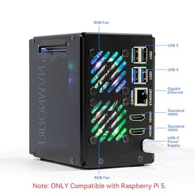 Pironman 5-MAX Dual NVMe M.2 SSD PCIe PC Case for Raspberry Pi 5 NAS RAID 0/1 Hailo-8L AI Accelerator PWM Tower Cooler+Dual RGB Fans, 0.96" OLED Module, Safe Shutdown, Standard HDMI(RPI5 Not Included) - Image 3