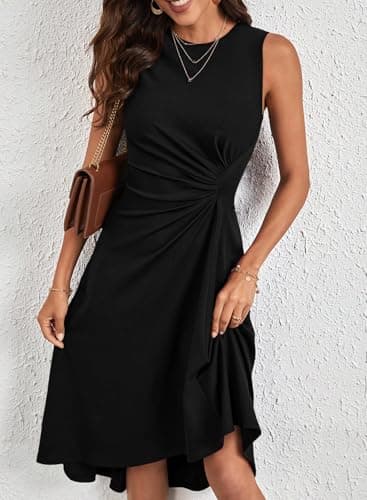Happy Sailed Women's Cocktail Dresses Summer Sleeveless Crew Neck High Waist Pleated Ruched Waist Slim Fit A Line Wedding Guest Cocktail Party Dress Black Medium - Image 2