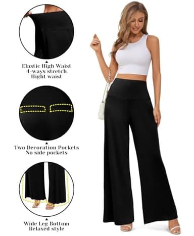 JZC Women's Palazzo Lounge Pants Stretchy Wide Leg Casual Trousers Comfy High Waist Flowy Pants Black Large - Image 4