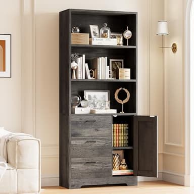 IRONCK Bookshelf with Door and 3 Drawers, 71in Tall Bookcase Shelf with 3-Tier Shelves, for Bedroom Living Room Entrance Hallway Home Office - Image 6